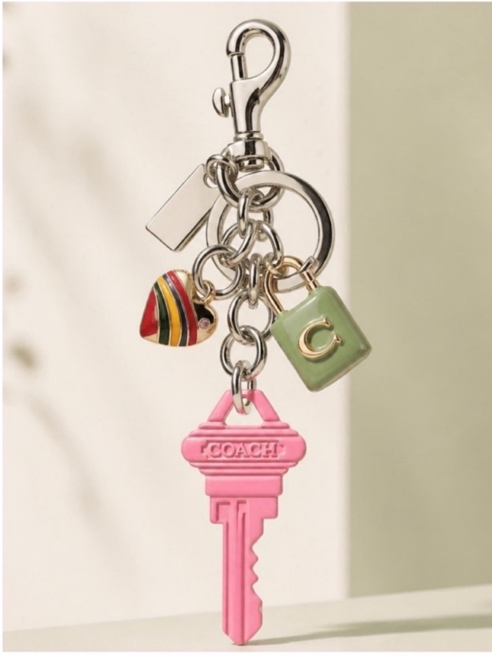 Coach Pink Key Charm with Green Padlock and Multicolor Heart